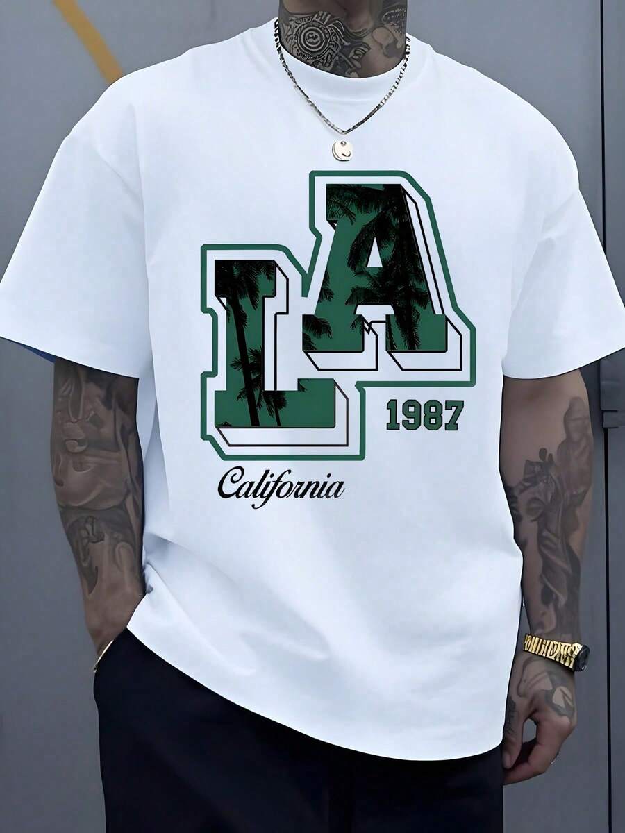 Letter LA With Palm Trees At Sunset Evoking The Beaches Of California And The Free Spirit Of 1987 Representing Adventure And Eternal Youth. Men's Plus Size T-Shirt, 100% Cotton, CK - 白色 - 查看 1