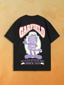 SHEIN | Garfield 女款黑色雙面T恤，淡紫色卡通貓態度標語復古印花，寬鬆短袖，適合街頭旅遊日常女孩休閒穿搭 - 黑色 - 查看 1