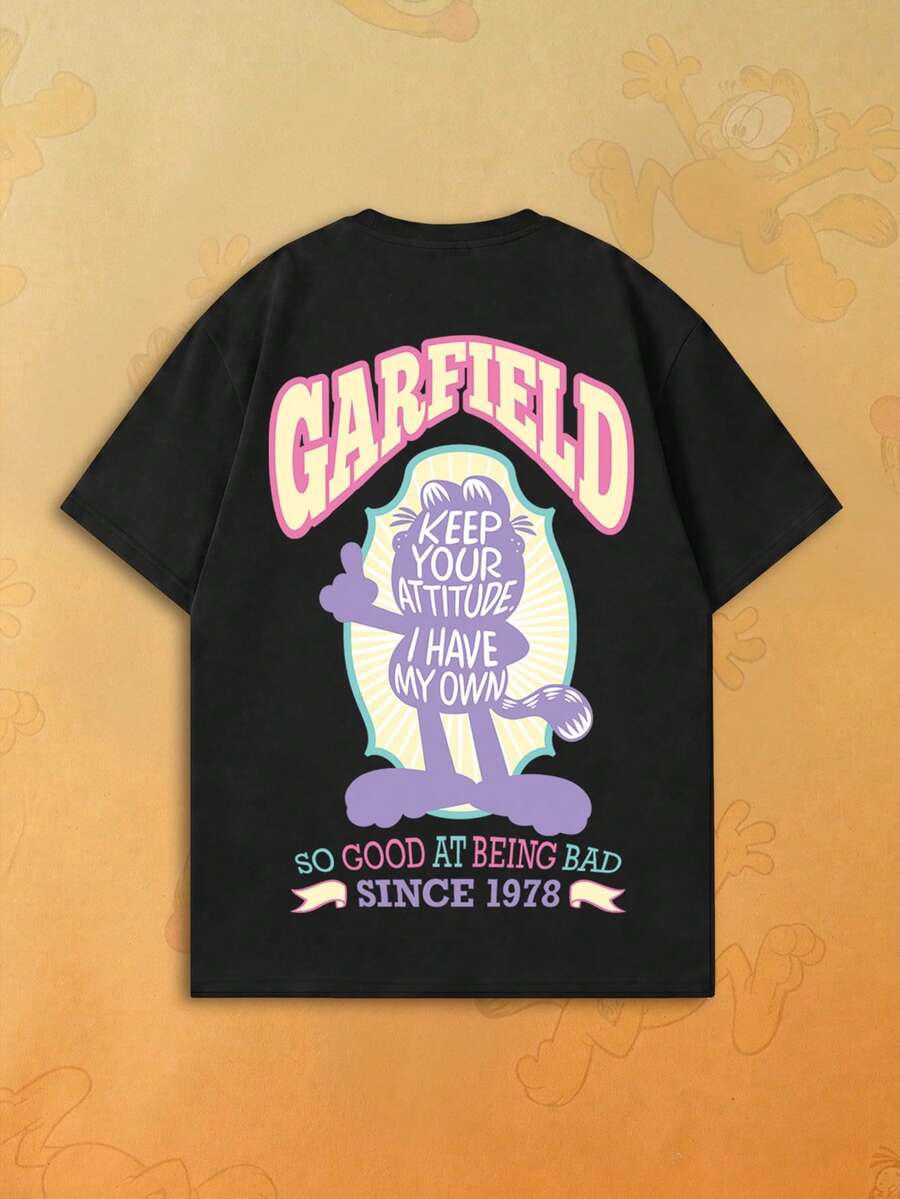 SHEIN | Garfield 女款黑色雙面T恤,淡紫色卡通貓態度標語復古印花,寬鬆短袖,適合街頭旅遊日常女孩休閒穿搭 - 黑色 - 查看 1