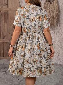 Vestido de verano con estampado floral, escote en V y manga corta para mujer de talla grande, estilo campo - Azul marino - Ver 5