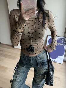 Sexy Hot Girl Style Coffee Polka Dot Mesh Long Sleeve T-Shirt Women Summer Slim Fit Flattering Design Layering Sheer Minimalist Top Vacation - Brown - View 5
