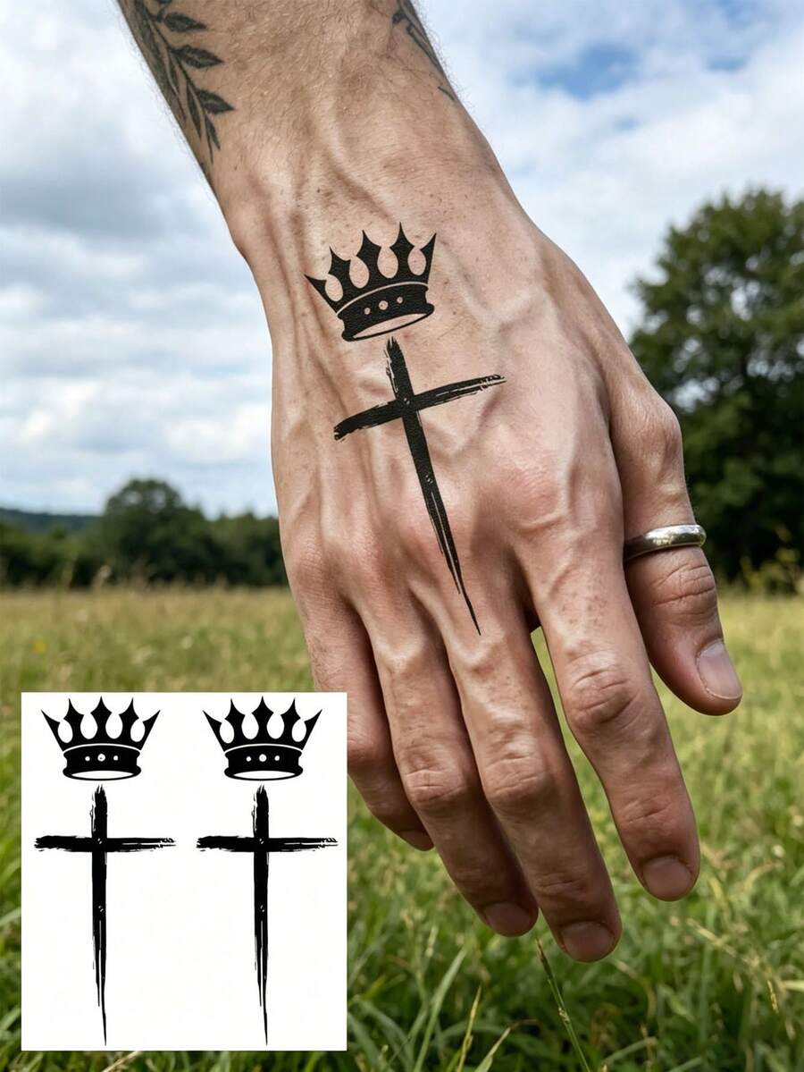 1pc Black Cross Crown Temporary Tattoo Sticker, Suitable For Men And Women Adults, Can Be Used On Hands, Fingers, Neck, Collarbone, Ankles, Forearms, Calves And Other Body Parts, Semi-Permanent Fake Tattoo Sticker, Waterproof And Long-Lasting, Realistic Effect, Suitable For Festivals, Parties And Other Occasions. - Multicolor - View 1