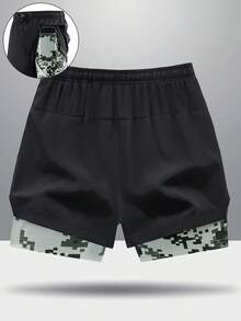 Men's Sports Shorts, Black Minimalist With Camouflage Hem, 2 In 1 Design + Waist Drawstring, Comfortable And Non-Clinging, Perfect For Fitness, Running, Training, Slightly Stretchy Fabric Without Restriction, First Choice For Summer Sports Style, Essential For Outdoor Activities And Gym Workouts. - Black - View 4