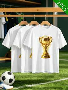 Women's 3-Piece Soccer Trophy Set, Spring, Quality Fabric, Crew Neck, Comfortable Fit, Casual. - 白色 - 查看 1