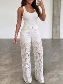 ChicMe Women's Hollow Lace Patchwork High Waist Straight Leg Jeans, Zipper Denim Pants, Casual Fashion Street Style - White - View 8