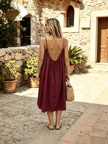 Perfect For Your Vacation! Midi Dress With Thin Straps, Open Back With Drawstring, Lightweight Fabric That Flatters Your Figure. - 酒紅色 - 查看 4