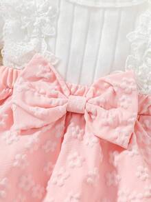 Newborn Baby Girl Long Sleeve Lace Embroidered Princess Romper With 3D Bow Full Print Pink Floral Dress Style Bodysuit And Bow Hair Tie, Cute 2 Pieces Set For 1st Birthday Party And Outings, Spring/Autumn - Pink - View 4