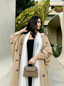 Middle Eastern Fashion Embroidered Cardigan Long Robe Arabian Dress White Linen Outerwear Women's Clothing - Khaki - View 2