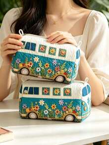 Quilted Makeup Bag, Floral Bus Design Cosmetic Organizer, Travel Storage Bag, Lightweight Foldable Storage Pouch, Zipper Closure, Washable Lining, Suitable For Makeup Brushes, Lipsticks, Skincare Bottles, Jewelry, Daily Organization, Overnight Trips, Vacations, Gym Lockers, Ideal For Travel Enthusiasts, Unique Birthday Gift, Holiday Gift, Party Gift, Vacation Gift, Back To School Gift, Anniversary Gift, Teacher Gift - Multicolor - View 2
