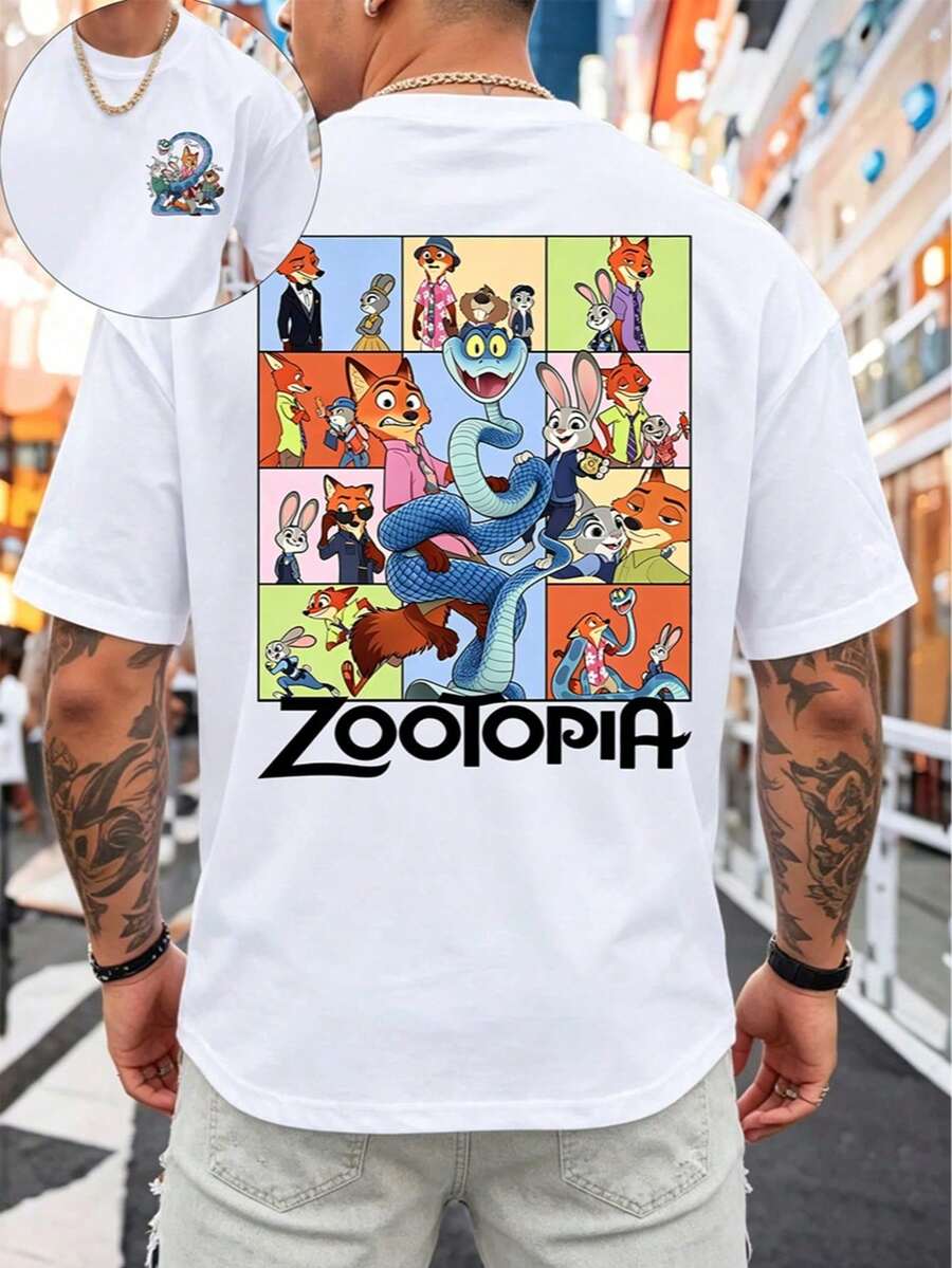 Disney Authorized Zootopia Judy & Nick & Gary De'Snake Collage Print Casual T-Shirt, Ultra-Soft Lightweight Fabric, Ideal For Daily Wear & Movie Fans - 白色 - 查看 1