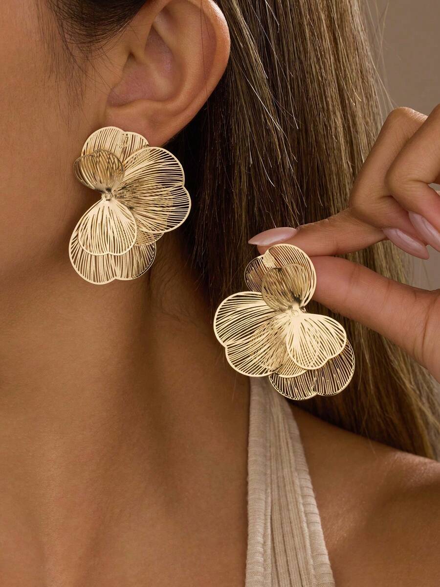 2 piezas Elegantes pendientes de flor dorada estilo chic, adecuados para uso diario, citas, fiestas, festivales, regalos, joyería para banquetes - Amarillo Oro 9 - Ver 1