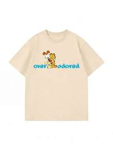 SHEIN | Garfield 女款米色圓領T恤，卡通貓狗愛心藍色字母印花，寬鬆短袖，適合日常街頭休閒穿搭 - 杏色 - 查看 3