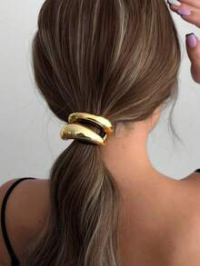 1pc/Set Metal Hair Cuff Gold Tone Oval Ring Hair Tie Ponytail Holder Shiny Geometric Hair Rope For Ladies Daily Party Streetwear All-Season - Multicolor - View 3