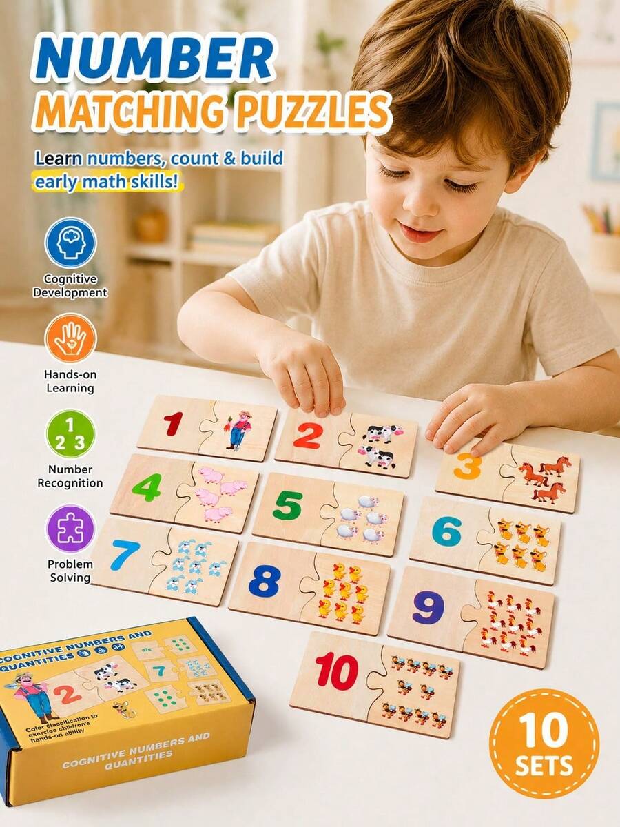 Number And Animal Matching Puzzle: A Fun Hands-On Board For Children, Made Of Wood, For Preschool Education And Improving Hand-Grip Ability