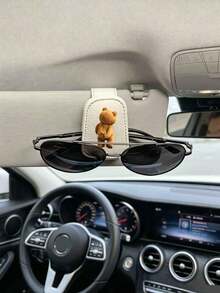 棕色 3D 卡通熊皮革汽車遮陽板夾持器，適用於時尚眼鏡、近視眼鏡、票券與卡片 - 背影小熊 - 查看 8