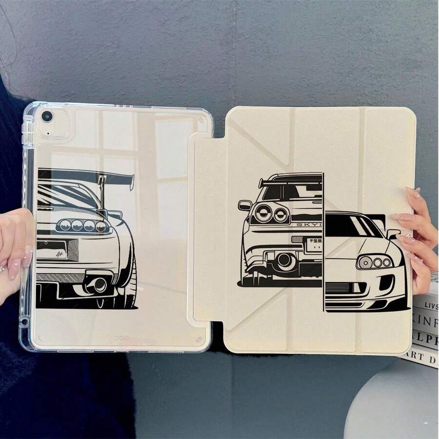 1pc Vintage Racing Pattern Tablet Protective Case 3+Y Folding Multi-Angle Magnetic Stand Tablet Case With Pen Slot And Auto Sleep/Wake Function Compatible With IPad Pro/Air, Pad 5/6/21, Pad, MatePad, Honor Pad - Multicolor - View 1