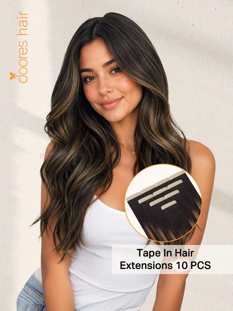 DOORES 10pcs Straight Tape-In Hair Extensions, 100% Remy Human Hair, Salon-Grade Silky Seamless Invisible, Dark Brown To Chestnut Brown, 25g 14-24 Inch Invisible Skin Tone PU Tape-In Hair Extensions - S2/10 - View 1