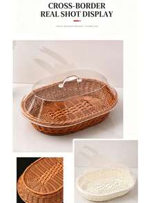 Woven Plastic Rattan Service Basket With Transparent Dust Cover, Essential Kitchen Accessory For Summer Holidays, Food Display Tray, Storage For Bread, Fruit, Desserts, Suitable For Bakery, Home Kitchen, Restaurant - Multicolor - View 7