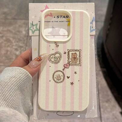 1 pieza Funda de teléfono de material TPU con rayas rosas y blancas, estilo Ins, patrón de oso y conejo, adecuada para Apple 17promax/17/16promax/15/13/12/11/ S20fe/A15/S24/A55/ Note11/Note12/Note13pro, cobertura completa, anti-caída, carcasa blanda protectora de teléfono