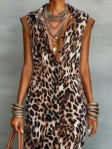 HUTENER Women's Leopard Print Colorblock Sleeveless Dress With Long Pants, Spring/Autumn Brown Vacation Elegant Summer - Brown - View 5