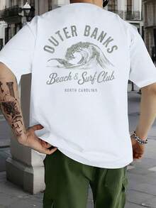 Men's Sports T-Shirt, Surf And Beach Wave Design, Round Neck, Short Sleeves, Breathable Polyester, For Summer, Relaxed And Modern Style - 白色 - 查看 1