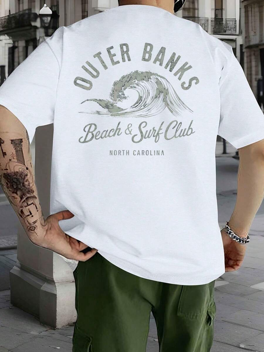 Men's Sports T-Shirt, Surf And Beach Wave Design, Round Neck, Short Sleeves, Breathable Polyester, For Summer, Relaxed And Modern Style - 白色 - 查看 1