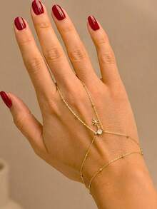 outingfit 1pc Multi-Layer Eight-Pointed Star Connected Finger Bracelet, Fine Beaded Chain Integrated Back Of Hand Chain, Niche Delicate Gold Hand Jewelry For Women - Gold - View 1