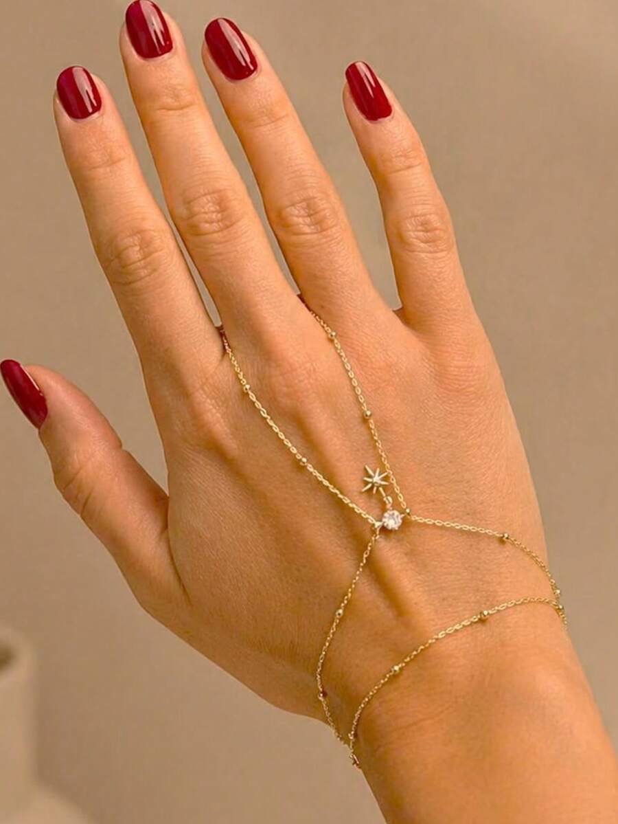 outingfit 1pc Multi-Layer Eight-Pointed Star Connected Finger Bracelet, Fine Beaded Chain Integrated Back Of Hand Chain, Niche Delicate Gold Hand Jewelry For Women - Gold - View 1
