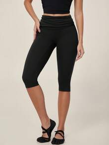 TimeOff Women's 1pc Solid Color Folded Waist Slim Fit Sports Mid-Length Pants - Black - View 3