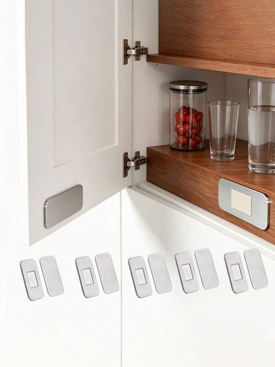 6pcs(3sets) Magnetic Cabinet Door Latches, Self-Adhesive Invisible Magnetic Wardrobe Drawer Locks, Kitchen No-Drill Installation, Polished Metal Surface