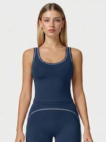 TimeOff Women's 1pc Contrast White Trim Line V-Neck Removable Padding Racerback Sports Tank Top - Navy Blue - View 6