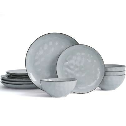 Richmount 12/18 Piece Dinner Set, Stoneware 3D Wave Relief Irregularly Shaped Plates And Bowls Set, Reactive Glaze Dinnerware Sets For 4/6, Dishwasher & Microwave, Stylish & Durable, Gray