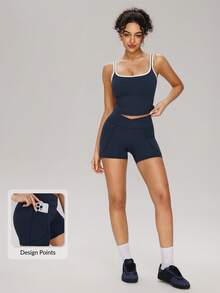 MASKERT 2pcs/Set Women Contrast Color Cropped Tank Top + Sports Shorts, Skin-Friendly Comfortable, Slim Fit, Suitable For Yoga, Fitness Training And Running Exercises - Navy Blue - View 1