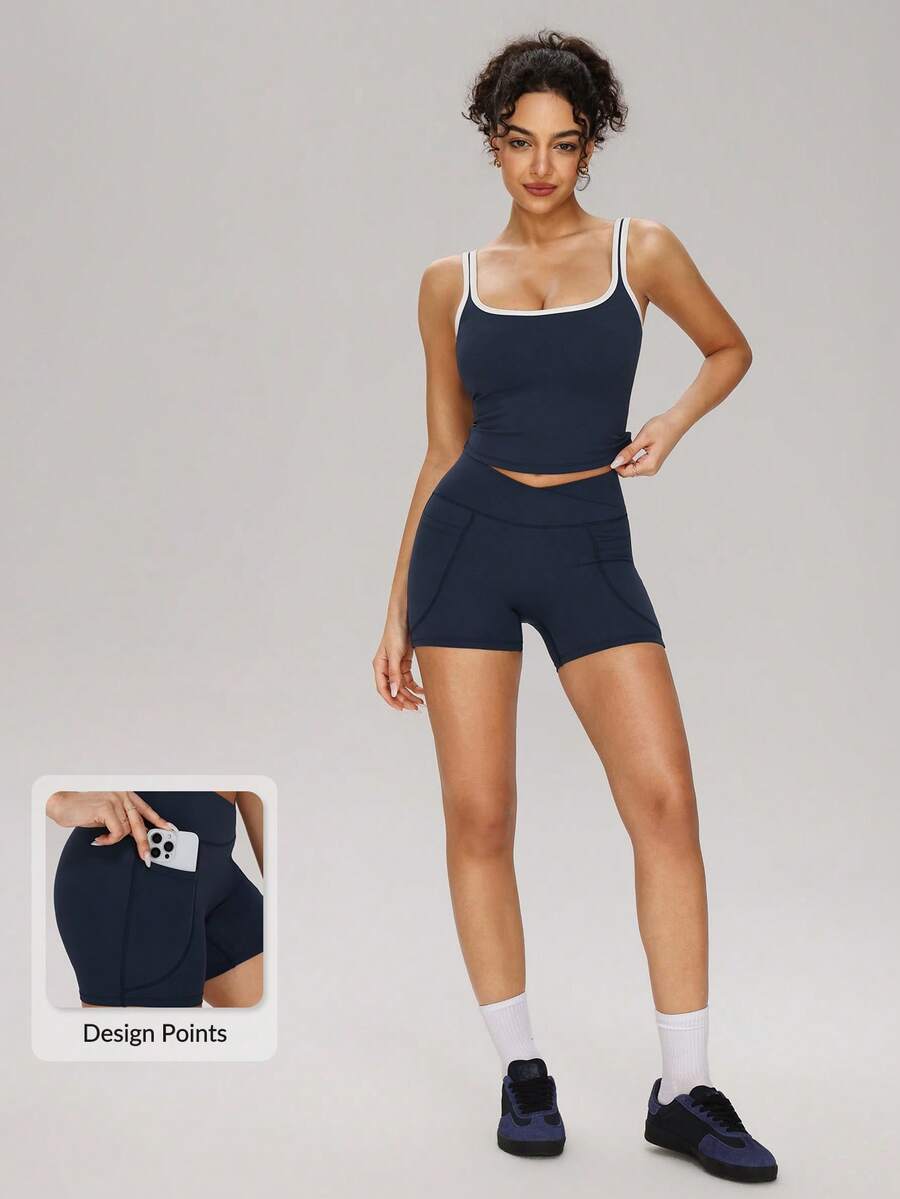 MASKERT 2pcs/Set Women Contrast Color Cropped Tank Top + Sports Shorts, Skin-Friendly Comfortable, Slim Fit, Suitable For Yoga, Fitness Training And Running Exercises - Navy Blue - View 1