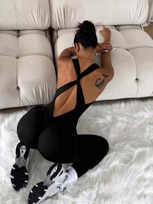 1pc Women's Solid Color Cross-Cut Fitted Jumpsuit Sports - Black - View 1