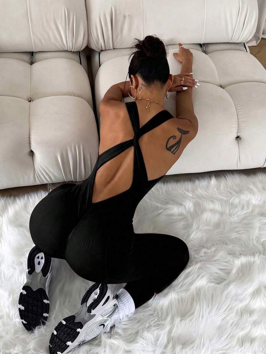 1pc Women's Solid Color Cross-Cut Fitted Jumpsuit Sports - Black - View 1