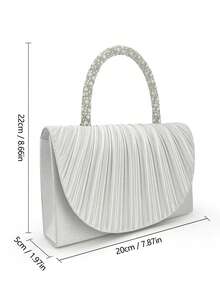 Elegant Silver Satin Pleated Evening Clutch Bag With Rhinestone And Pearl Handle, High-End Bridesmaid Wedding Dress Bag, Sophisticated Lady Crossbody Small Square Bag With Detachable Chain, Suitable For Formal Banquets, Balls, Parties, Holiday Celebrations, Dates, Social Events, Anniversary, Valentine's Day, Christmas, Mother's Day, Thanksgiving, Birthday Gift - Silver - View 11