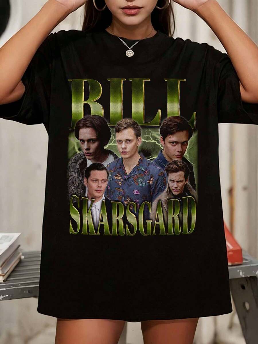 Bill Skarsgard Shirt Vintage 90er Retro Grafik T-Shirt, klassisches Bootleg Rap Stil Tee für Männer und Frauen, lässiges schwarzes Kurzarm Oberteil - Schwarz - Übersicht 1