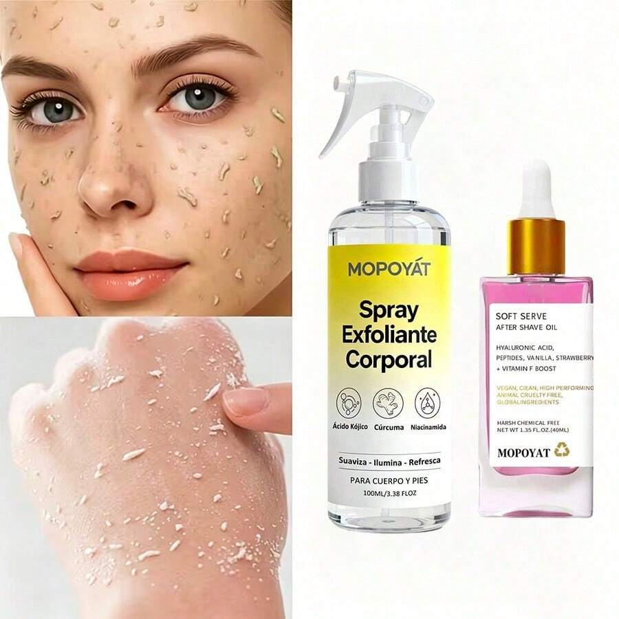 Este spray exfoliante facial contiene extracto de ácido cítrico de cúrcuma, no contiene alcohol, limpia profundamente, desobstruye los poros y suaviza e ilumina la tez. Es ideal para la exfoliación facial diaria. - Spray exfoliante + aceite para el cuidado de la piel - Ver 1