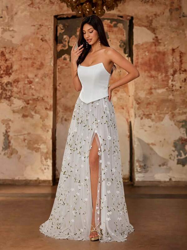 Mgiacy Women's White Elegant Floral Lace Tulle Strapless Corset High Slit Maxi Dress, Suitable For Summer Party, Festival, Wedding Guest, Prom And Casual Wear