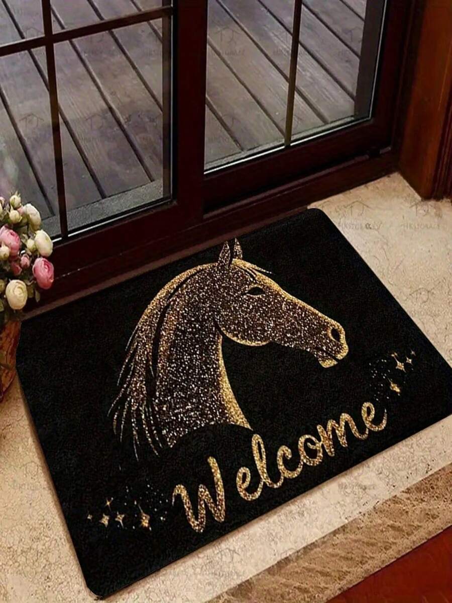 1pc Gold Horse Pattern Doormat - Farmhouse Style Rug, Crystal Velvet Material, Suitable For Indoor And Outdoor Use, Including Entryway, Foyer, Bedroom Mat, Machine Washable Welcome Mat, Home Decor Carpet - B - View 1
