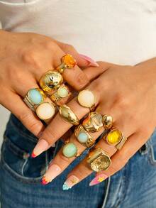 50/36/20/6pcs Women's Bohemian Vintage Fashion Ring Set, Gold-Tone Faux Colorful Gemstone Pearl Asymmetric Polished Tiger Eye Sunflower Wide Geometric Liquid Rings, Exaggerated Old Money Style Stackable Wide Bands, Fashion Elegant Versatile Ring Set (Random Styles) - Yellow Gold - View 7