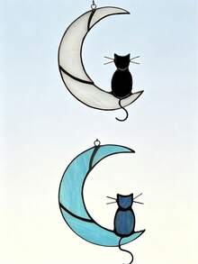 1 pieza Adorno colgante de ventana con gato en la luna, decoración del hogar para ventana interior y porche, decoración de fiesta, regalo único y creativo para amantes de gatos y dueños de mascotas, regalo de cumpleaños y festivo, regalo decorativo para familia, amigos, hogar, dormitorio, porche y jardín - Dos gatitos - Ver 7
