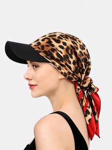 1pc Women's Satin Printed Square Scarf Baseball Cap Brim Headscarf Hat Outdoor Sun Protection Tie-Up Headscarf Hat Suitable For Daily Use - Leopard Print With Burgundy Trim - View 3
