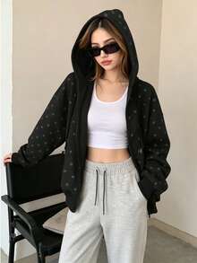Vintage Autumn/Winter Polka Dot Women's Sports Sweatshirt Jacket, Autumn/Winter Essential Thermal Fabric With Pockets Fall - Multicolor - View 4