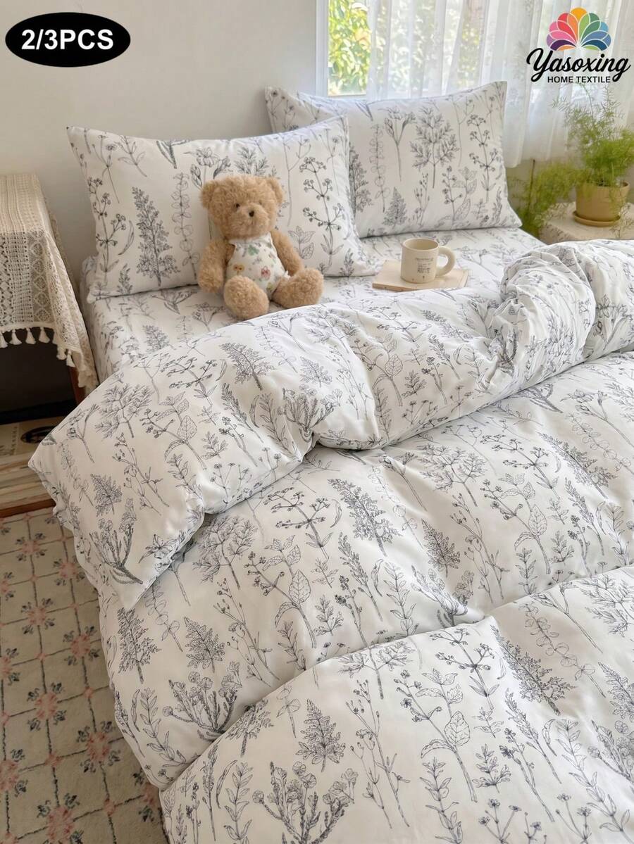 Juego de ropa de cama con funda nórdica de 2/3 piezas con patrón de flores silvestres de línea blanca, suave, transpirable y resistente a las arrugas, ayuda a dormir, estilo de hotel de lujo, regalo para padres y amigos, funda nórdica reversible*1 funda de almohada*1/2, tamaño King/Queen/Full/Twin - Blanco y Negro - Ver 1