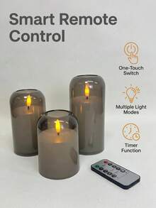 Flameless Flickering Remote Control Candles, Acrylic Pillar Candles, 3pcs Set (4 Inch, 5 Inch, 6 Inch), LED 3D Flame Romantic Candles, Battery Operated, Suitable For Wedding, Home Decor, Holiday (Grey) - Grey - View 7