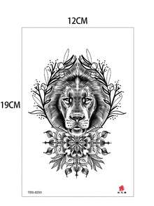 1pc Temporary Tattoo Sticker Water Transfer Technology Neutral Fake Tattoo Lion Floral Print Realistic Tattoo Sticker, Suitable For Men And Women - Black - View 7