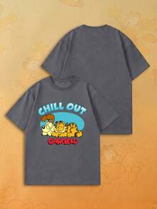 SHEIN | Garfield 女款深灰色圓領T恤，Napping & Odie CHILL OUT 泡泡字Logo印花，寬鬆休閒短袖 - 灰色 - 查看 2