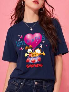 SHEIN | Garfield 女款海軍藍短袖T恤，愛心熱氣球與Odie LOVE IS IN THE AIR卡通印花，寬鬆休閒情人節上衣 - 藏蓝色 - 查看 2